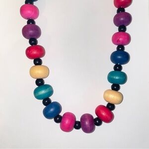 Vintage Bright Multicolor Large Round Chunky Wood Bead Statement Piece Necklace